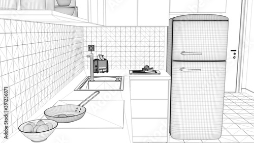 Blueprint project draft of cosy sustainable kitchen with induction hob  pan with fried egg. Breakfast. Refrigerator  appliances. Ceramic tiles. Environmental friendly interior design