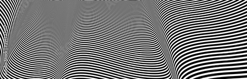 Abstract vector 3D lines background, black and white linear perspective dimensional optical pattern.
