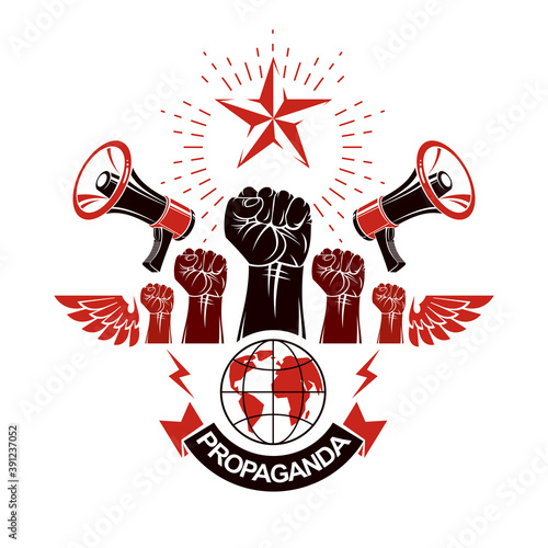 Marketing banner composed with loudspeakers, raised clenched fists and Earth planet, vector illustration. Propaganda as the means of influence on global public opinion.