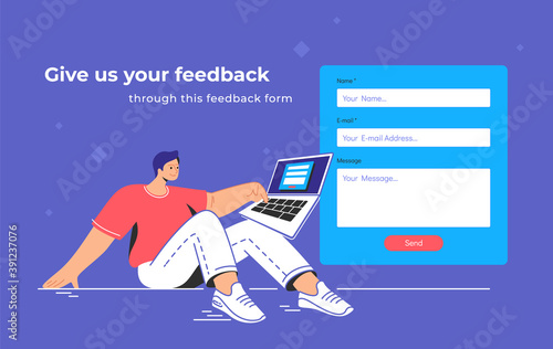 Contact and feedback blank form. Flat teenage man sitting with laptop and pushing red button of the website contact empty form. Sending a message via feedback form template design on blue background