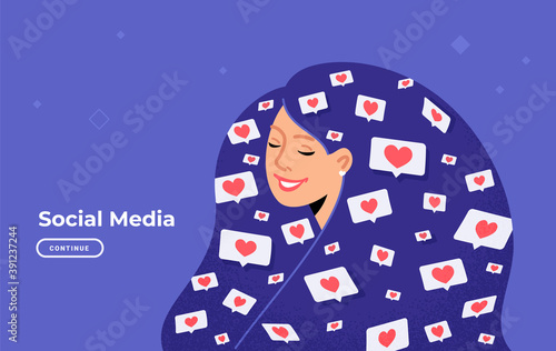 Social media likes and hearts flying in human head. Flat vector concept illustration of happy woman addicted to social media hearts on speech bubbles, new followers and influencers