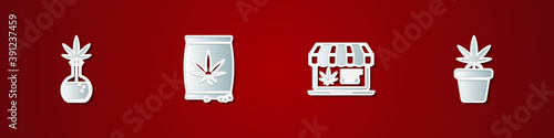 Set Test tube with marijuana, Marijuana or cannabis seeds, Online buying and plant pot icon. Vector.