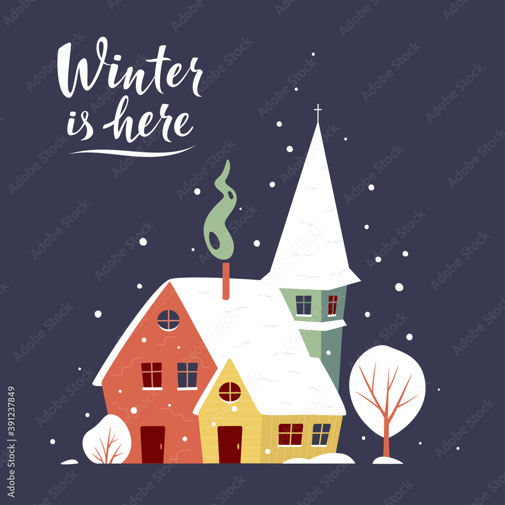 Christmas greeting card with small winter town covered with snow. Winter is here lettering sign. Vector illustration in trendy flat style for cards, covers, invitations, posters, banners, flyers Christmas greeting card with small winter town covered with snow. Winter is here lettering sign. Vector illustration in trendy flat style for cards, covers, invitations, posters, banners, flyers