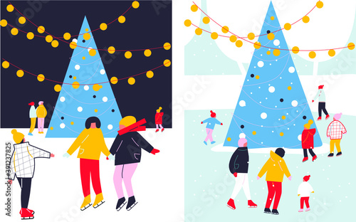 Happy families and couples skating on ice rink. Christmas and Happy New Year. Vector flat cartoon illustration of winter outdoor fun activities. Holiday banners or labels.