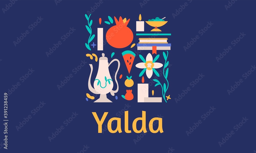 Yalda horizontal banner template with symbols of the holiday - watermelon, pomegranate, nuts, candles and poetry books. Iranian night of forty festival of winter solstice celebration