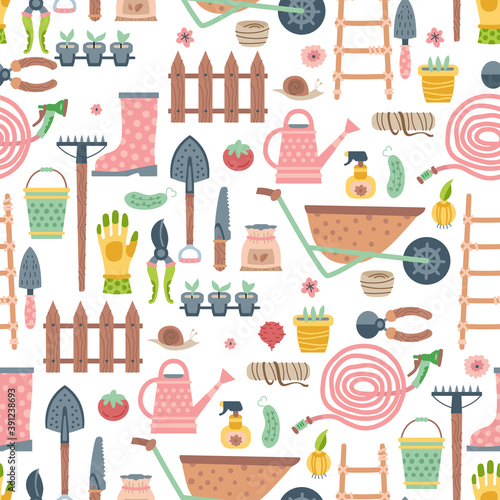 Garden tool and materials seamless pattern. Vector illustration of gardening elements. Happy spring fabric design.