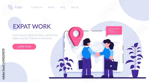 Expat work concept. Human resources agency for migrants. Effective migrant workers, expatriate programme, outside country employment. Modern flat illustration.