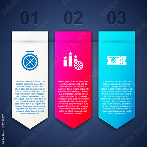 Set Stopwatch with basketball ball, Sports winner podium and Basketball game ticket. Business infographic template. Vector.