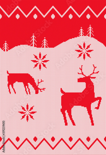 Red seamless pattern. Christmas card. Ornament - Deer graze in the winter forest. Imitation of a knitted texture in the Scandinavian folk style. Happy New Year and merry Christmas.