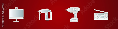 Set Computer monitor, Rotary hammer drill machine, Electric cordless screwdriver and Radio icon. Vector.