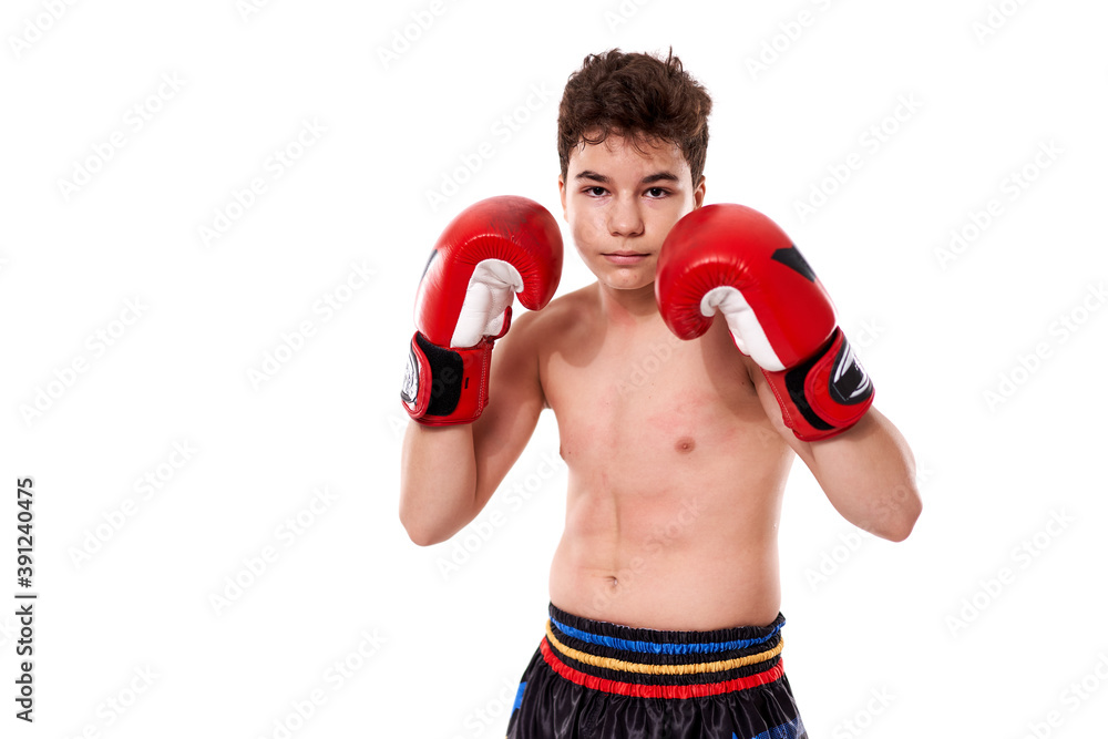 Kickboxer training isolated on white background
