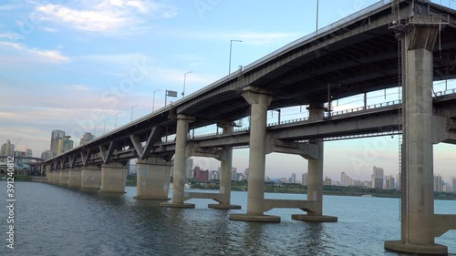 Cheongdamdaegyo Double-layered Bridge In Seoul Korea Han River Under The Bright Cloudy Sky - Close Up Shot photo