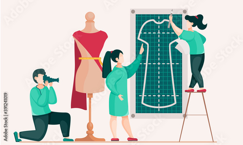 Seamstresses are working on a model of a new dress. Guy with a camera takes pictures of designers. Photo shooting of making clothes. Custom tailoring. Women posing next to a mannequin. Sewing to order