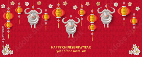 Happy Chinese New Year background with creative white metal ox, sakura branches, hanging lanterns