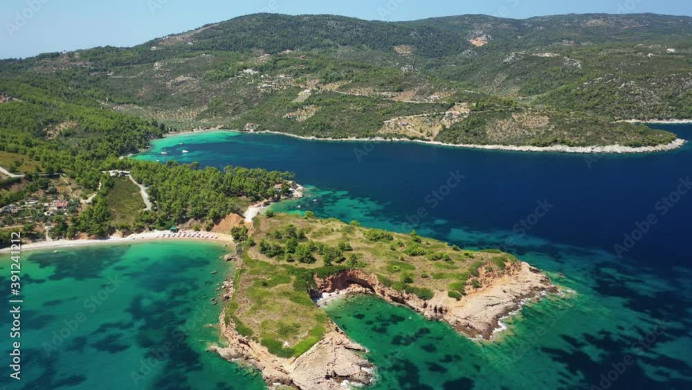 Aerial drone video of paradise beaches in Kokinokastro area with crystal clear turquoise sea, Alonissos island, Sporades, Greece Aerial drone video of paradise beaches in Kokinokastro area with crystal clear turquoise sea, Alonissos island, Sporades, Greece