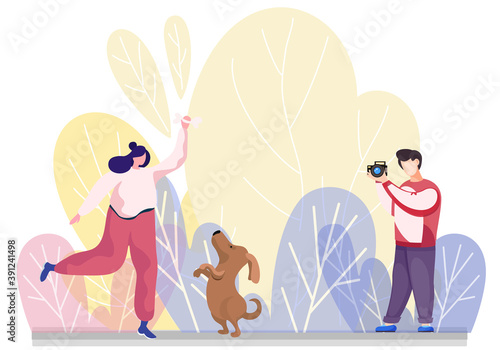 The photographer takes a picture of happy young woman jumping and playing with a cute puppy outdoors. Flat style vector funny game girl with pet illustration, dog and mistresses sunny day in the park