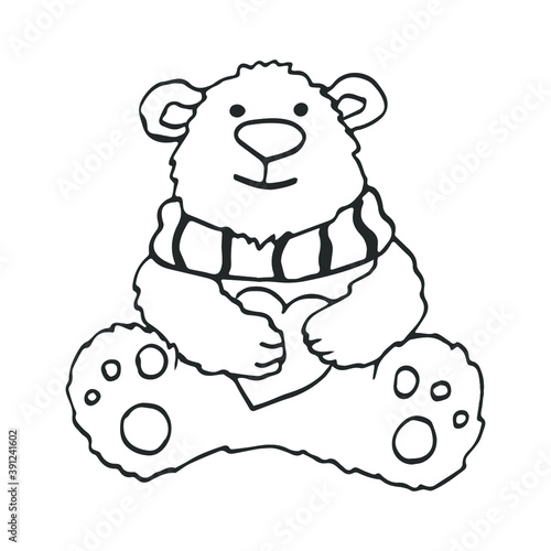 Hand-drawn toy Teddy bear with a heart. Vector illustration isolated on white background.