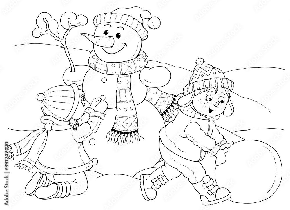 Winter. Cute boy and girl playing outdoors. Illustration for children. Coloring page. Cute and funny cartoon characters Winter. Cute boy and girl playing outdoors. Illustration for children. Coloring page. Cute and funny cartoon characters