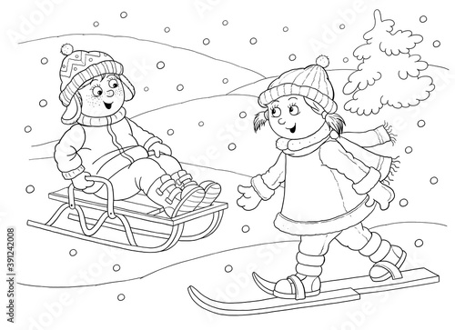Winter. Cute boy and girl playing outdoors. Illustration for children. Coloring page. Cute and funny cartoon characters
