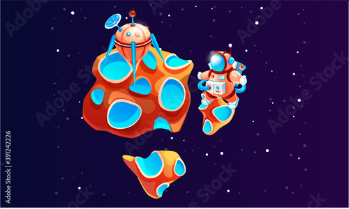 Cartoon astronaut on the planet vector illustration. Cosmonaut in outer space with meteorite. Spaceman in a colorful spacesuit among bright stars on cosmos background. Character of cartoon space game