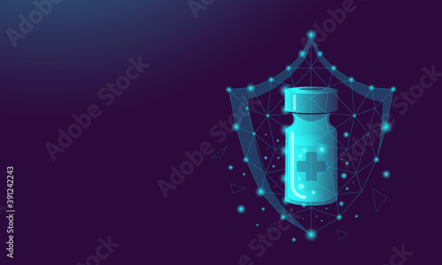 Vaccine and shield on dark background in neon low poly style. The concept of creating a medicine, saving and protecting humanity from the virus. Vector stock illustration.