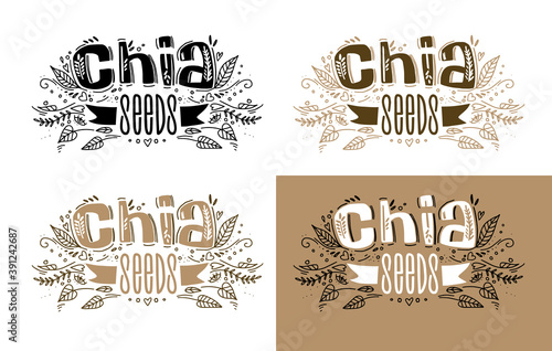 Chia seeds superfood logo template options with handwritten calligraphy lettering composition and ribbon in doodle style. Healthy food. vector.