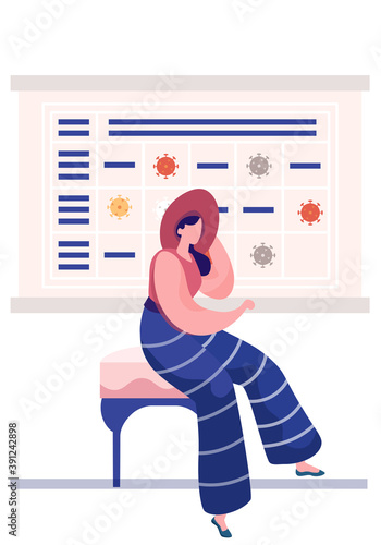 Young lady stays at home due to a quarantine. Corona virus self-isolation. The girl is bored during a pandemic. Poster with a schedule with the image of the coronavirus symbol on the background