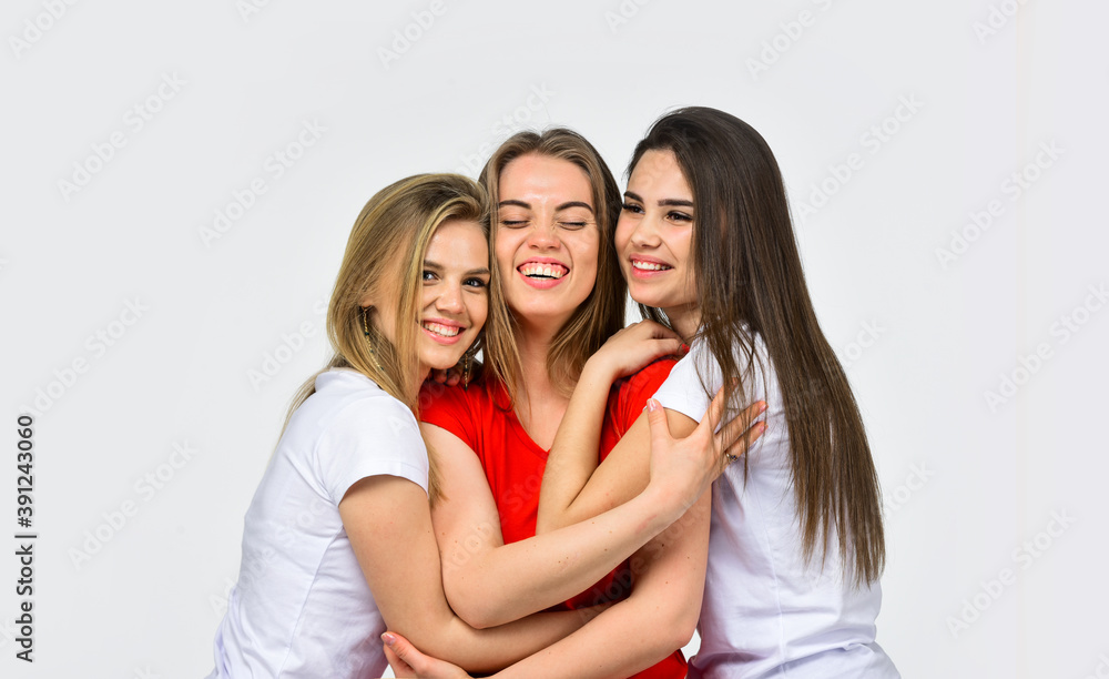 Life together. hairdresser salon for real girls. help and support. togetherness. portrait of three women with diverse type of skin. womens power concept. smiling multiethnic women. female skin care Life together. hairdresser salon for real girls. help and support. togetherness. portrait of three women with diverse type of skin. womens power concept. smiling multiethnic women. female skin care