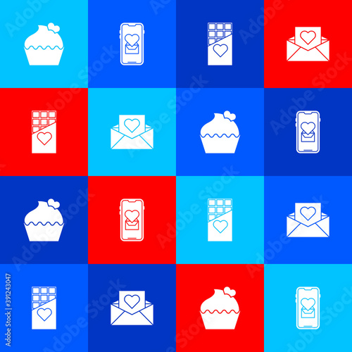 Set Wedding cake with heart, Mobile, Chocolate bar and Envelope Valentine icon. Vector.