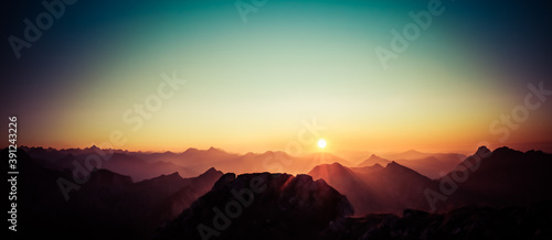 Beautiful Sunset or Sunrise above Mountains with clear sky. Alps  Allgau  Bavaria  Germany.