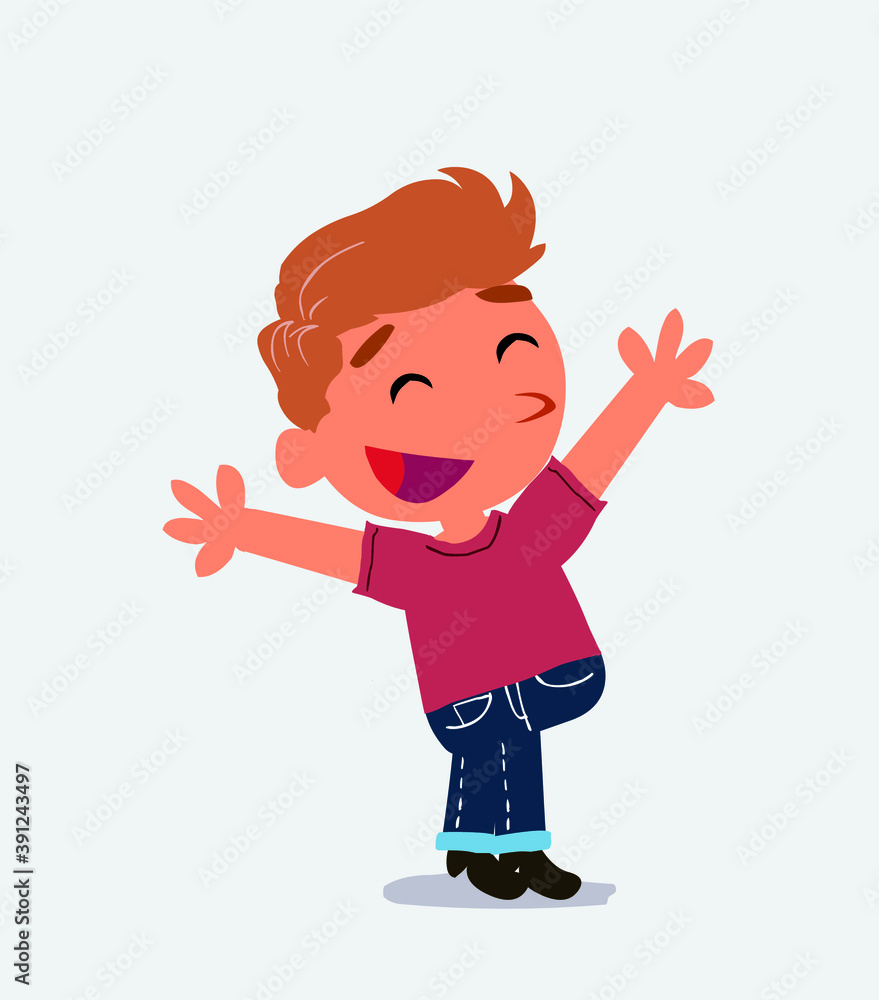 cartoon character of little boy on jeans celebrating something with joy. cartoon character of little boy on jeans celebrating something with joy.