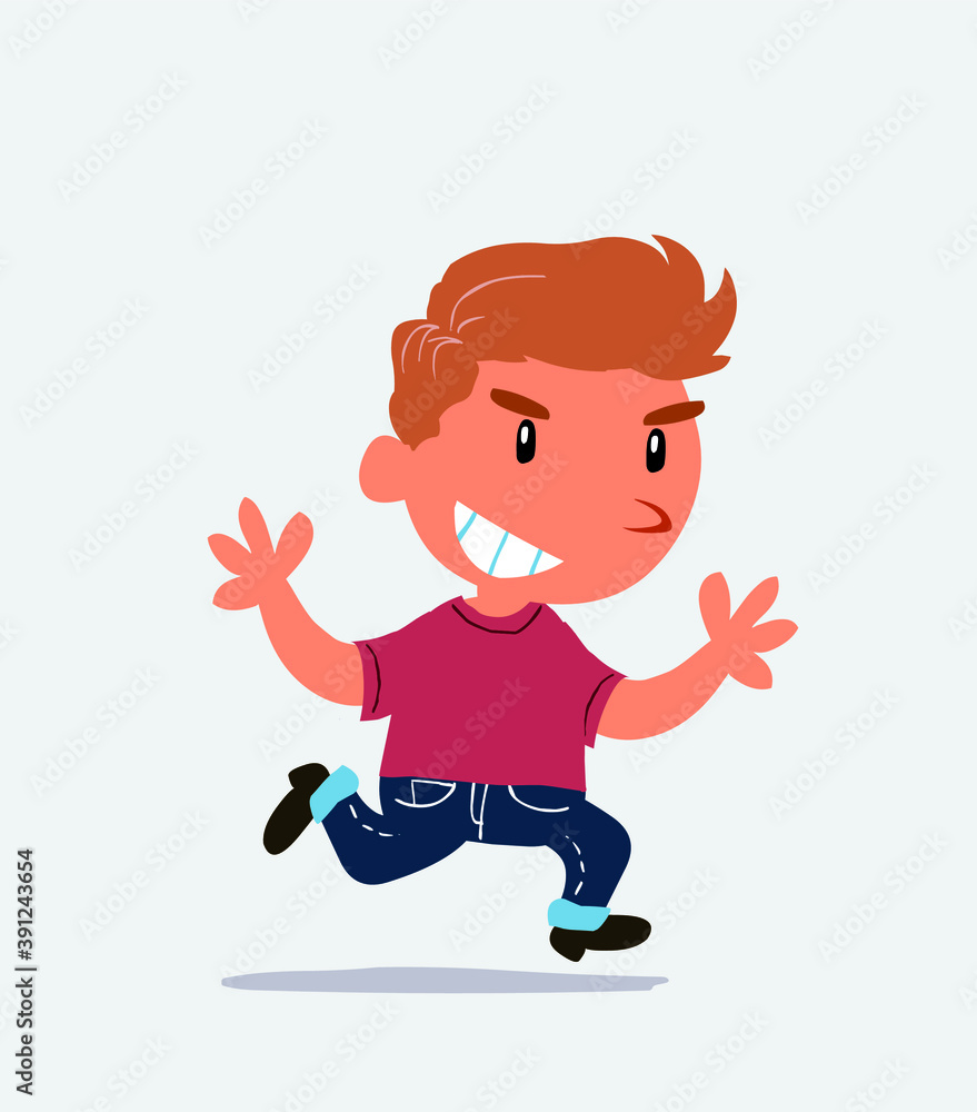 cartoon character of little boy on jeans running very pleased.