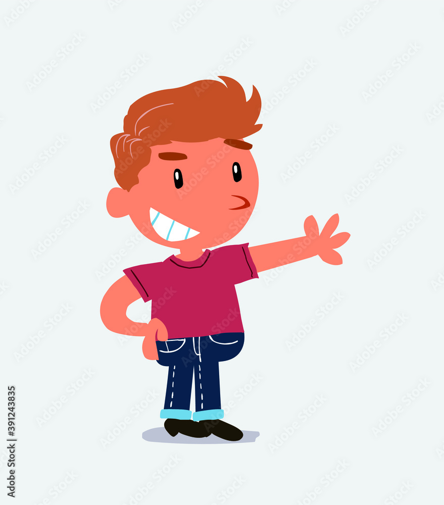 Pleased cartoon character of little boy on jeans points to something.