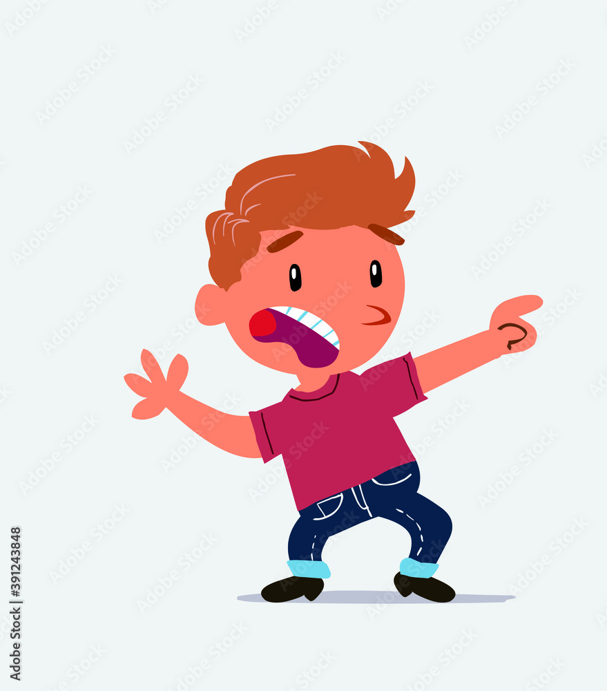 Scared cartoon character of little boy on jeans points to the side. Scared cartoon character of little boy on jeans points to the side.