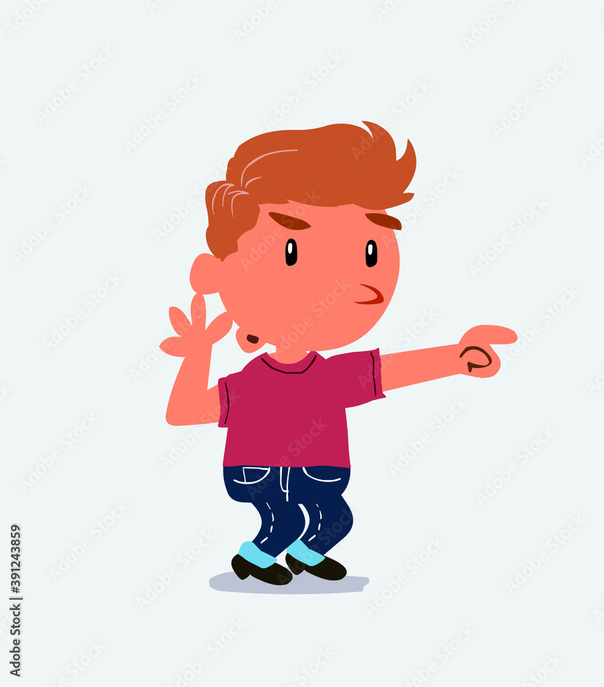 Surprised cartoon character of little boy on jeans points to something