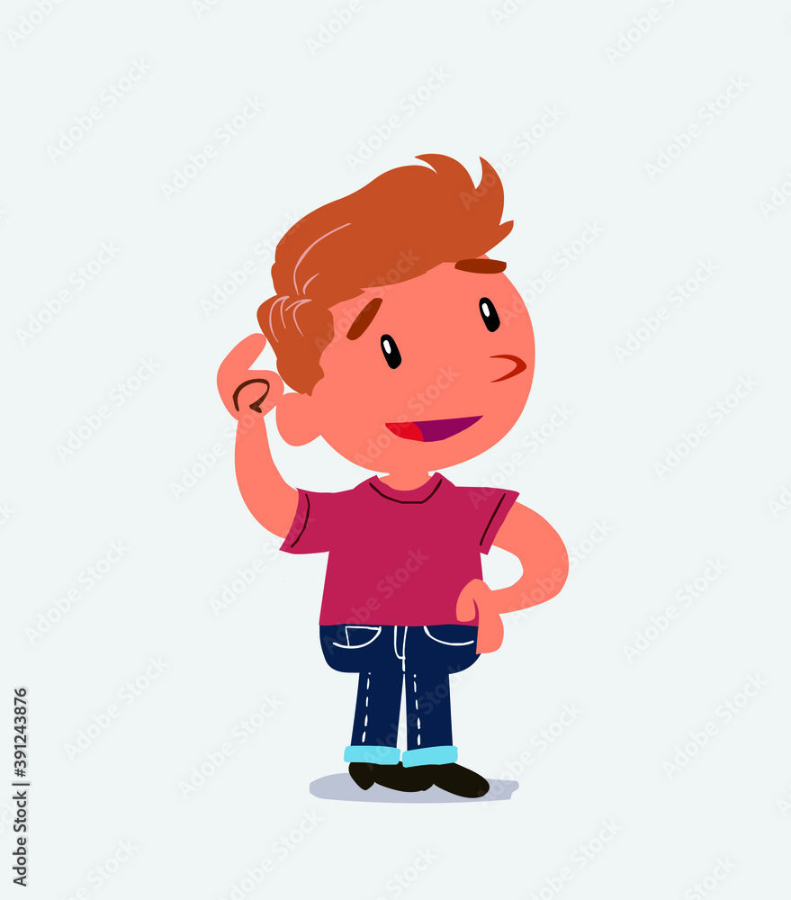 Thoughtful cartoon character of little boy on jeans scratching his head