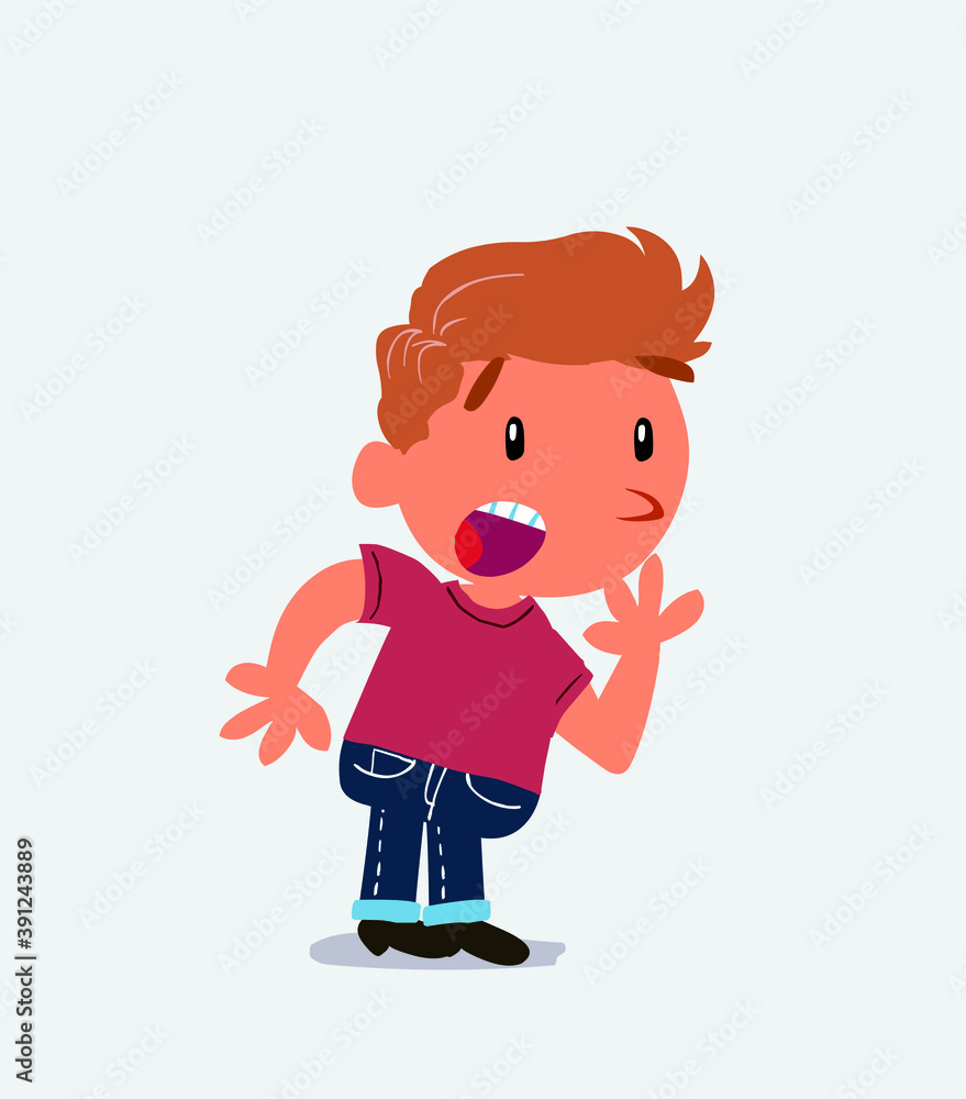 Unpleasantly surprised cartoon character of little boy on jeans looks to the side. Unpleasantly surprised cartoon character of little boy on jeans looks to the side.