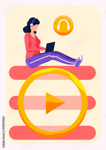 Woman in headphones sitting on video player and working with a laptop in social networks. Female character is holding computer in hands and working or studying. Headphone icon on background