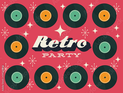 party retro style poster with vinyl disks frame