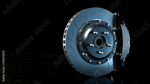 Brake Disc and Black Calliper on Looks like the road is wet and dark background. Brake from Racing car with Clipping path and copy space for your text. 3D Render.