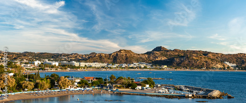 Panorama of the vicinity of the Faliraki resort on Rhodes - the sea, the beach and the surrounding hills