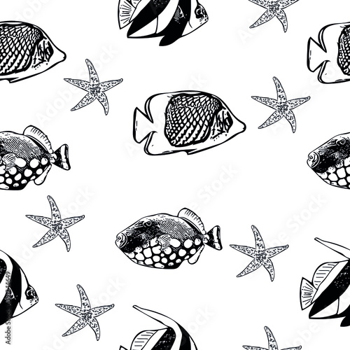 Seamless pattern with sea fish and stars.  Vector sketch illustration for textiles, gift wrapping, wallpaper.