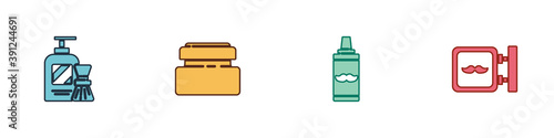 Set Shaving gel foam and brush, Cream or lotion cosmetic tube, and Barbershop icon. Vector.