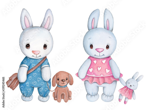 Cute cartoon bunny baby, little hare, rabbit, watercolor illustration for children. Isolated on white.