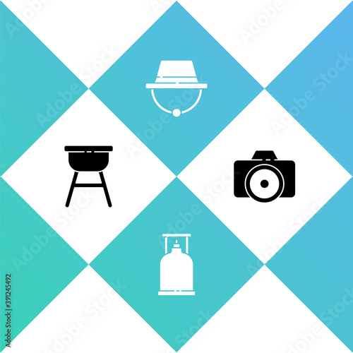 Set Barbecue grill, Camping gas stove, hat and Photo camera icon. Vector.