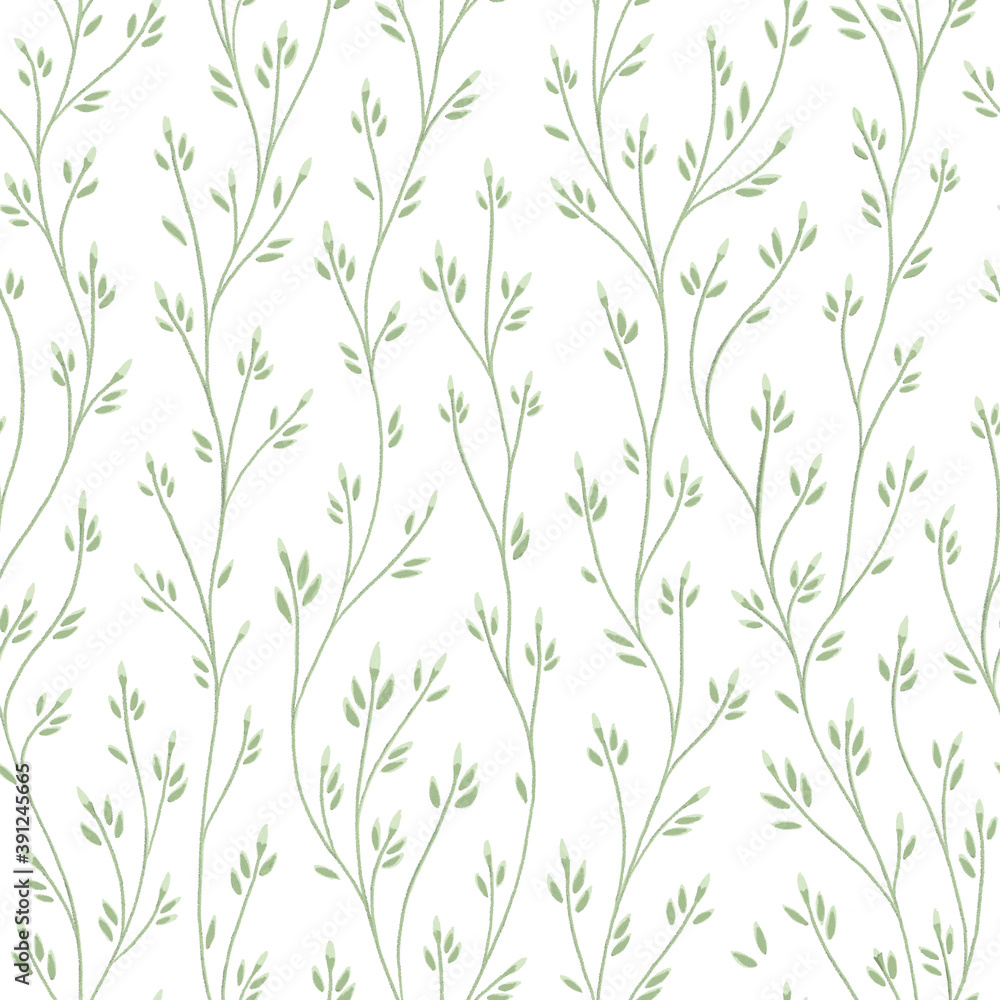 Naklejka premium Abstract nature seamless pattern with green contours of twigs with leaves on white background. Softness spring template for design, textile, wallpaper, web background.