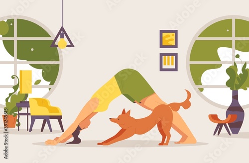 Doga concept illustration. Woman with pet doing training exercises in interior with round windows