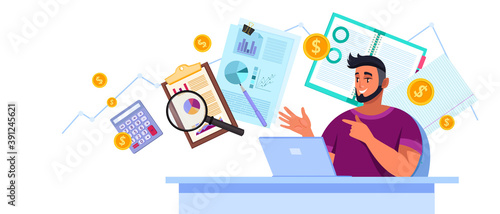 Financial audit analysis vector illustration with young man consultant, laptop, charts, magnifier, calculator. Tax report business concept with documents, coins. Financial audit cartoon background