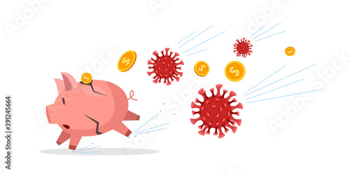 Financial economy coronavirus crisis vector illustration with cracked running piggy bank, flying coins. Pandemic business collapse concept with COVID-19 images.Financial crisis market recession design