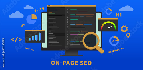 On-page SEO (Search Engine Optimization) website vector banner concept. Change of title, description, meta tags, h1, headlines and keywords. Web development for better ranking in search engines